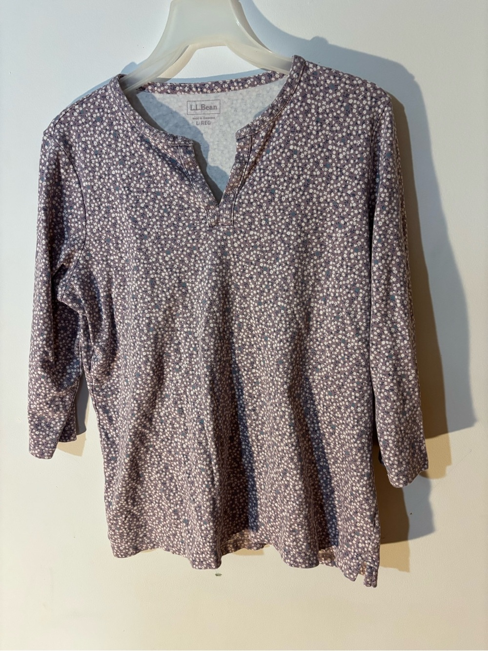 L.L.Bean Mauve Floral Split Neck 3/4 Sleeve Top Size L